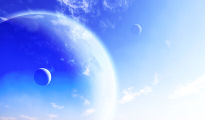 Fantastic sky with white clouds and three planets