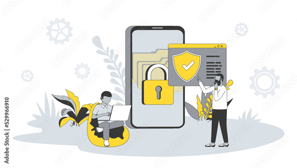Poster data protection concept in flat design with people. men work in security service and protect online 