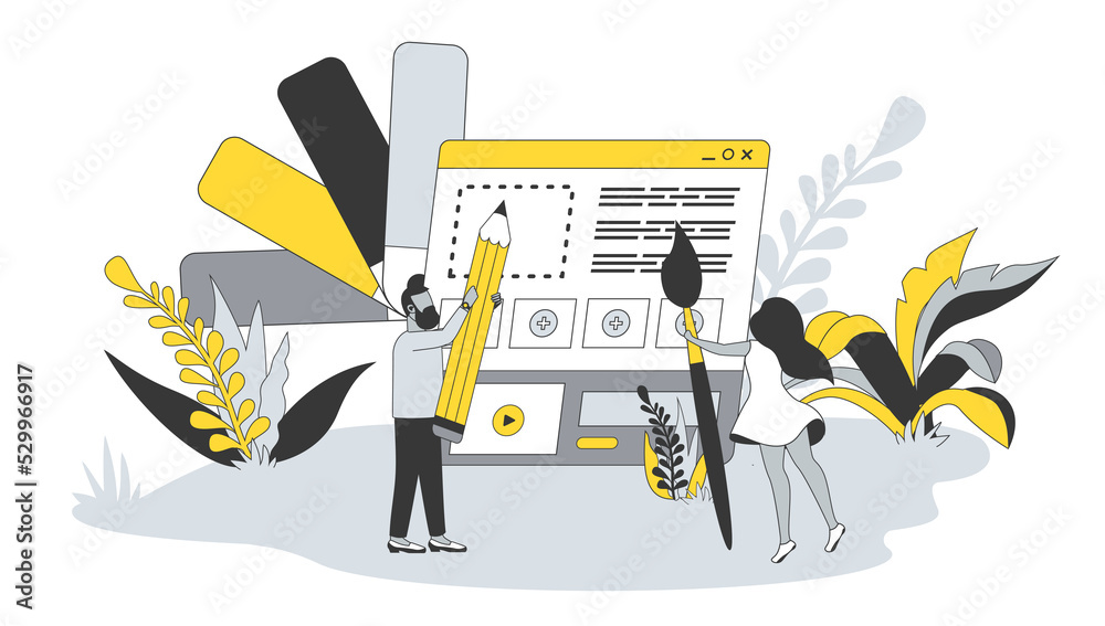 Fototapete designers agency concept in flat design with people. man and woman drawing content and creating inte