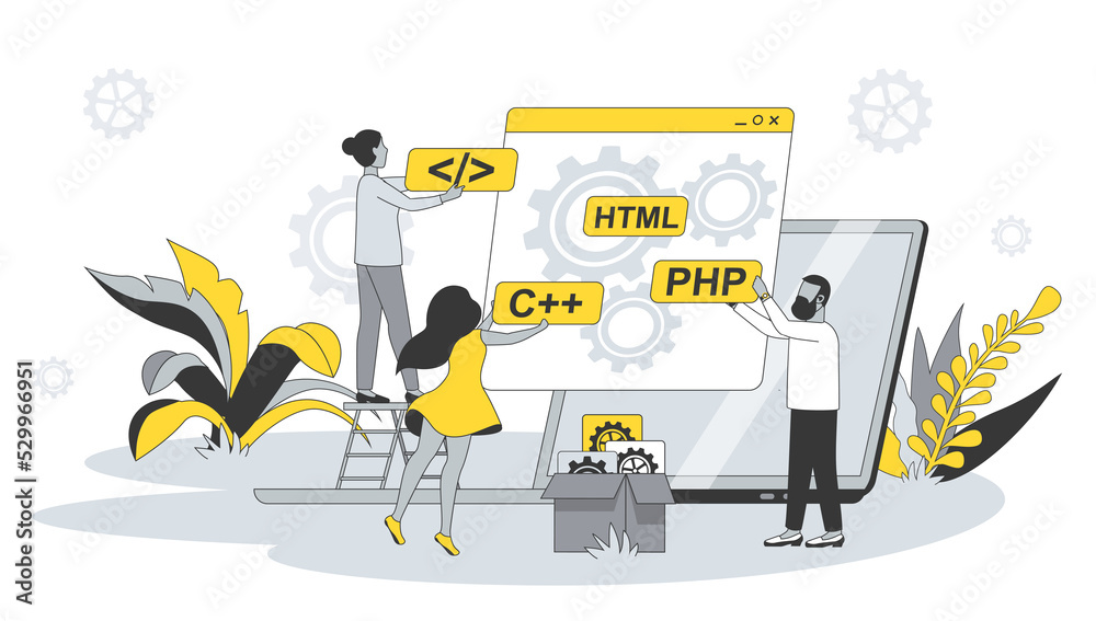 Leinwandbilder Developing team concept in flat design with people. Man and woman write and test code, programming on different languages, optimize programs. Illustration with character scene for web banner