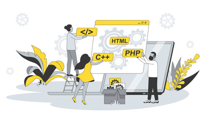 Developing team concept in flat design with people. Man and woman write and test code, programming on different languages, optimize programs. Illustration with character scene for web banner