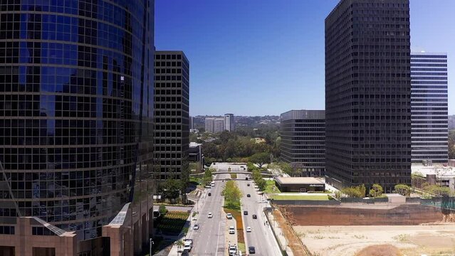 Wide aerial shot flying over Avenue of the Stars in Century City, California. HD at 60 FPS