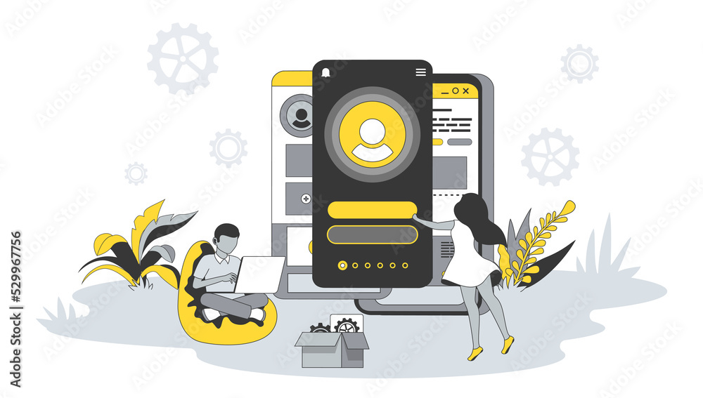 Poster UI UX layouts design concept in flat design with people. Man and women create user interface on mobile screen and optimize places of buttons. Illustration with character scene for web banner
