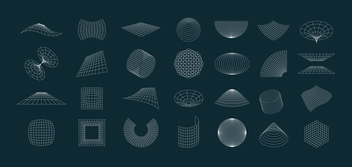 Abstract grid set. Futuristic geometric pack of perspective tunnels portals gravity construction, retrofuturistic punk 3D wireframe elements. Vector collection. Abstract shapes, wavy structure