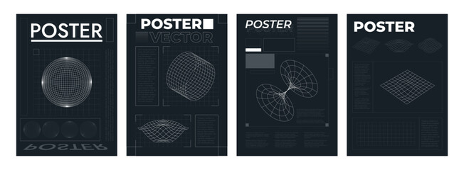 Futuristic grid posters. Retrofuturistic layout templates with HUD elements, wireframe planet perspective tunnel circle retro cyberpunk style. Vector set. Wavy deformated abstract surfaces