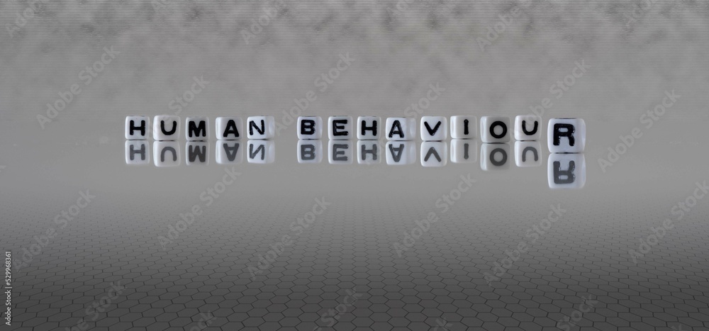 Wall mural human behaviour word or concept represented by black and white letter cubes on a grey horizon backgr