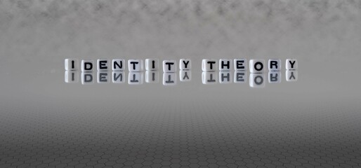 identity theory word or concept represented by black and white letter cubes on a grey horizon...