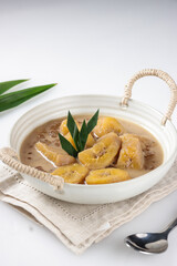 Pengat Pisang. Malaysian dessert for break fasting, made from banana, sago pearl and coconut milk.
