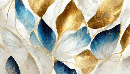 Abstract luxury marble background. Digital art marbling texture. Blue, gold and white colors 
