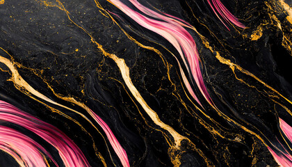 Abstract luxury marble background. Modern digital painting. Gold, black and pink colors