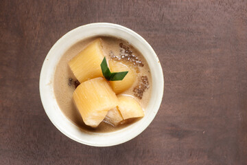 Pengat Ubi Kayu. Malaysian dessert for break fasting, made from cassava, sago pearl and coconut milk.