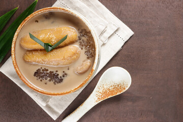 Pengat Pisang. Malaysian dessert for break fasting, made from banana, sago pearl and coconut milk.