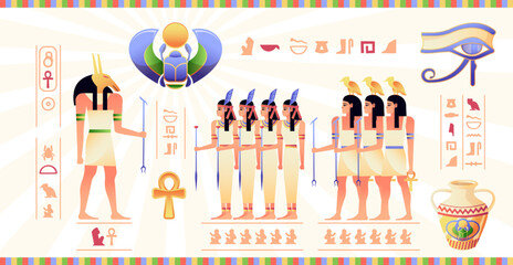 Egyptian fresco. Ancient Egypt mural with hieroglyphs and mythology scenes cartoon pharaoh Isis Anubis Osiris characters. Vector illustration. Ceremonial and cultural symbols, egyptology