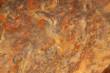 Rust of metals.Corrosive Rust on old iron with a hole. Rusted orange painted metal wall. Rusty metal background with streaks of rust. Old shabby paint.metal rust texture background