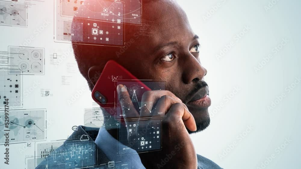 Poster A man using a smartphone and digital data. DX. AI.
