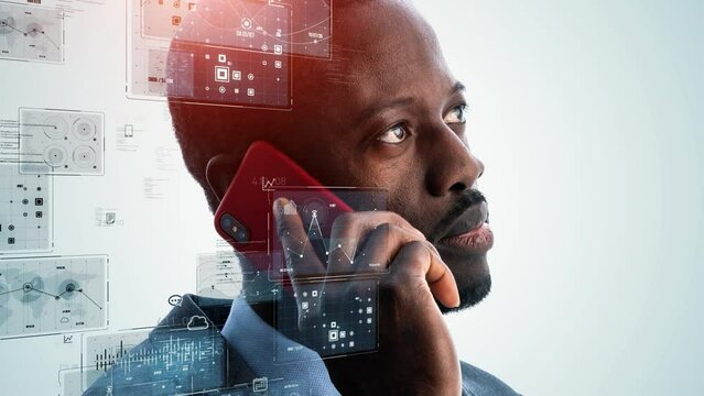 A man using a smartphone and digital data. DX. AI.