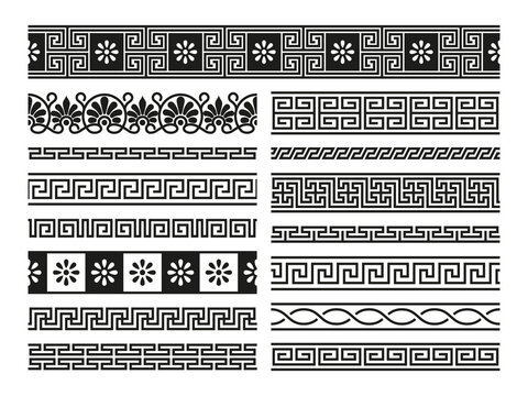 Greek ornaments. Geometric seamless pattern antique mediterranean style, abstract decorative frame Greece classical borders. Vector set. Square elements, curled and flowers design collection