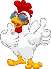 A chicken rooster cockerel bird cartoon character in cool shades or sunglasses giving a double thumbs up