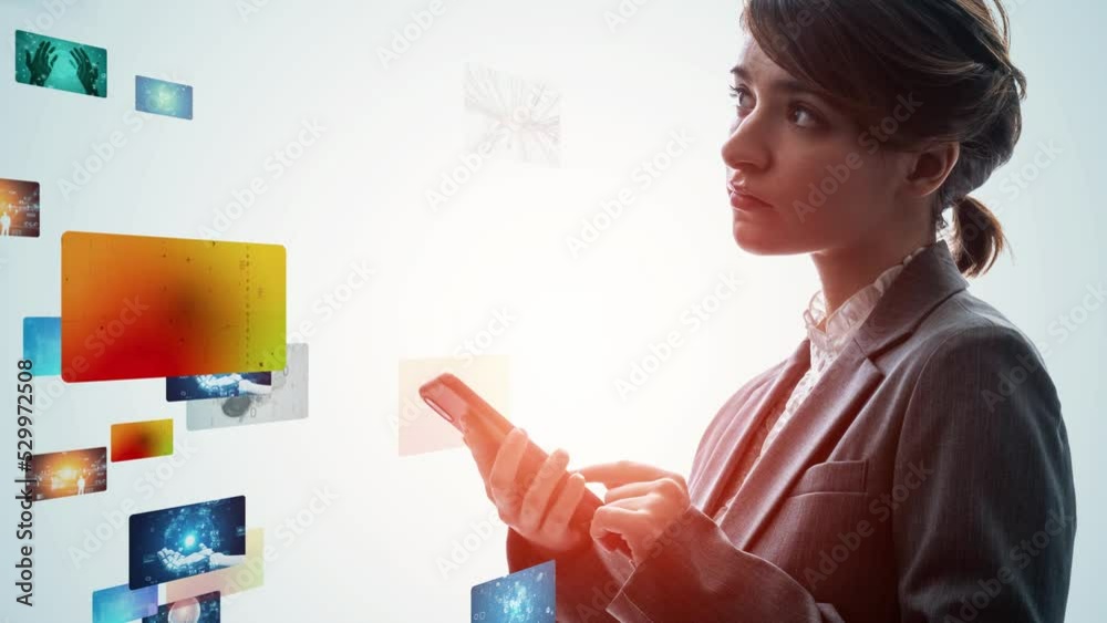 Poster a woman using a smartphone and a cg screen. video content. nft.