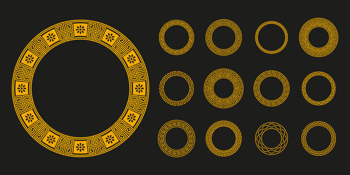Ancient greek circle ornament. Antique Greece traditional round meander borders, geometric circular decorative frames. Vector collection. Golden ornaments with flower, zigzag and waves