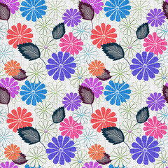 Seamless retro floral pattern. Red, blue, white flowers on a light background.
