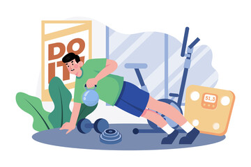 Man Is Doing Kettlebell Exercises At The Gym Illustration concept on white background