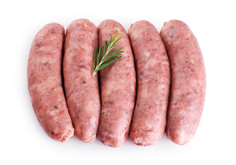 Raw German, Munich, Bavarian, sausages with rosemary isolated on white background. With clipping...