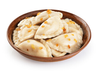 Dumplings with fried onions isolated on white background. Varenyky, vareniki, pierogi, pyrohy with filling. With clipping path.