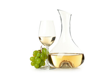 Decanter, grape and glass of wine isolated on white background