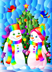 Stained glass illustration with a pair of cute cartoon snowmen on the background of a Christmas tree, a rectangular image