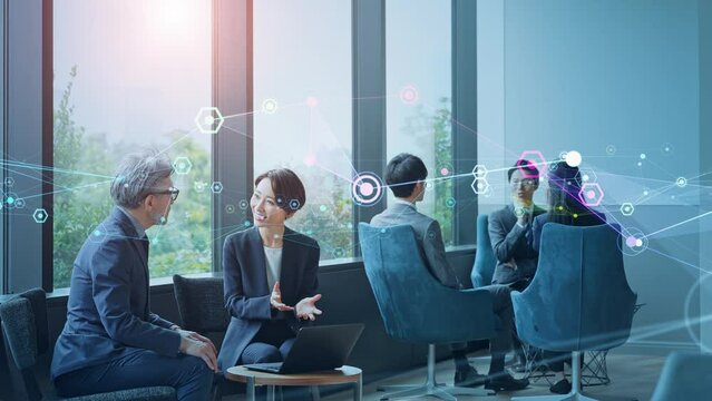 ミーティングするビジネスグループとネットワークイメージ