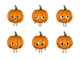 Set of cute cartoon adorable pumkins emoji, emotions for celebration of halloween and autumn holidays for design. Icons isolated on white background, faces with various different facial expressions.