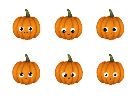Set of cute cartoon adorable pumkins emoji, emotions for celebration of halloween and autumn holidays for design. Icons isolated on white background, faces with various different facial expressions.