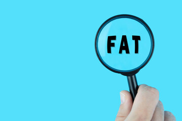 Focused on diet and ratio of protein, fats and carbohydrates. Word fat under magnifying glass. Nutrition research. 