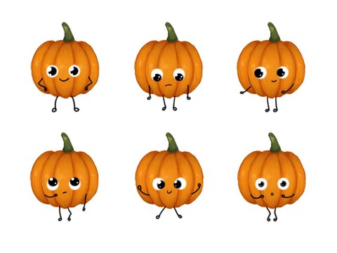 Set of cute cartoon adorable pumkins emoji, emotions for celebration of halloween and autumn holidays for design. Icons isolated on white background, faces with various different facial expressions.