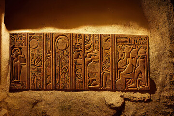 ancient egyptian hieroglyphics, ancient stone carving background, digital illustration, digital painting, cg artwork, realistic illustration - obrazy, fototapety, plakaty