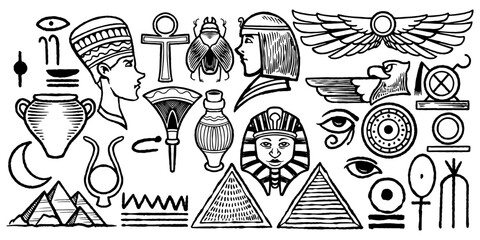 twenty eight tribal ethnic hand drawing set elements. set of egyptian tribal drawing