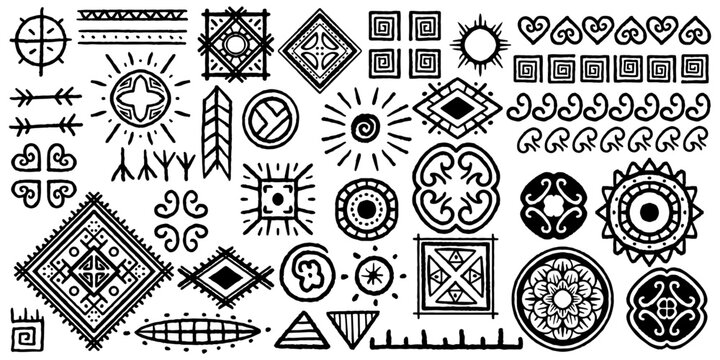 Thirty six tribal ethnic hand drawing set elements. set of african tribal geometric drawing.