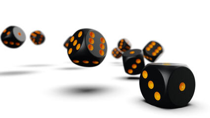 Obraz premium Rolling black-orange dices under white lighting background. Conceptual 3D CG of establishment statistics, business opportunities, life crossroads and horse race gambling. PNG file format.