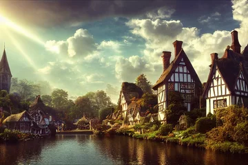 Papier Peint photo Best-sellers Collections beautiful old fantasy town with river at sunset, digital illustration, digital painting, cg artwork, realistic illustration, concept art, video game background, book illustration