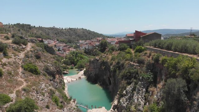 View from drone flying over natural pools of La Canal de Navarres, Valencia, Spain.