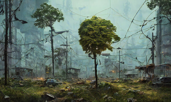 Post Apocalyptic City, Trees, Overgrown Buildings And Car Wrecks, Digital Painting