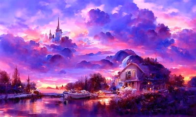 Fotobehang Fantasie natuurlijk landschap in violet paarse kleuren. Oud middeleeuws kasteel. Zonsondergang bewolkte hemel. Dramatische mooie cloudscape. Digitale schilderij illustratie. © Irina