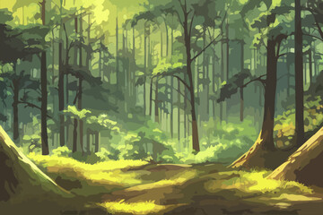 Anime forest landscape nature background. Beautiful trees with yellow green grass in japanese anime style