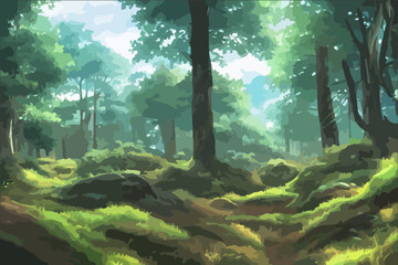 Anime forest landscape nature background. Beautiful trees with green grass in japanese anime style