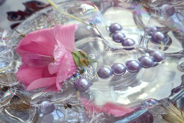  Abstract pastel background: delicate pink mallow flower, pastel beads among soap bubbles, close-up