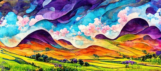 Obraz na płótnie Canvas Watercolor purple clouds and beautiful imaginative French lavender rows landscape - rural countryside farms and agriculture fields - vast panoramic vista and outdoor nature art background.