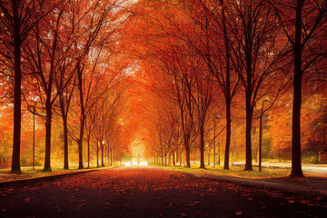 Fototapeta premium autumn in the city, beautiful autumn park scene, calm nature colorful warm background, digital illustration, digital painting, cg artwork, realistic illustration