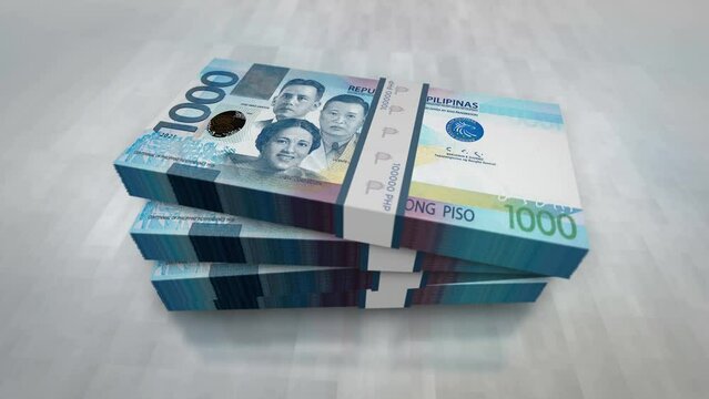 Philippines money Philippine Peso money pile pack. Concept background of economy, banking, business, crisis, recession, debt and finance. 1000 PHP banknotes stacks 3d animation.