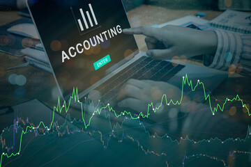 Double exposure of Accountant using laptop computer with Accounting Software concept.
